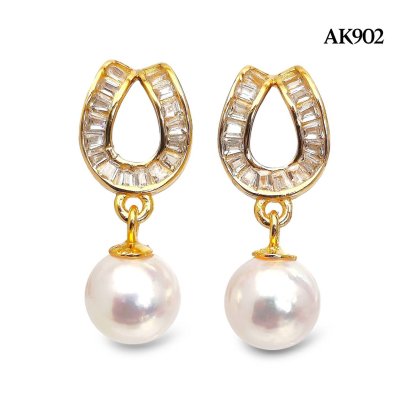 Approx. 6.0 mm, Hanamomo, Akoya Pearl, Horseshoe Dangle Pearl Stud Earrings