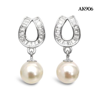 Approx. 6.0 mm, Moonlight, Akoya Pearl, Horseshoe Dangle Pearl Stud Earrings