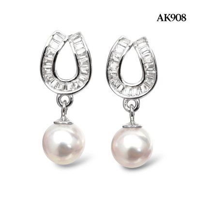 Approx. 6.0 mm, Hanamomo, Akoya Pearl, Horseshoe Dangle Pearl Stud Earrings