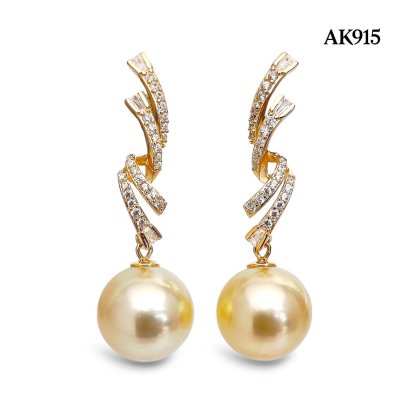 Approx. 12.0 mm, Gold South Sea Pearl, Twisted Ribbon Dangle Pearl Stud Earrings