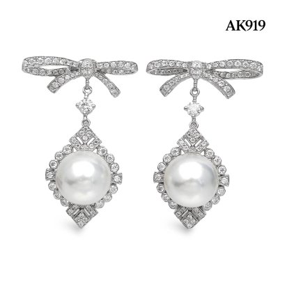 11.0 mm and 11.1 mm, White South Sea Pearl, Miki Royal Bow Dangle Pearl Stud Earrings