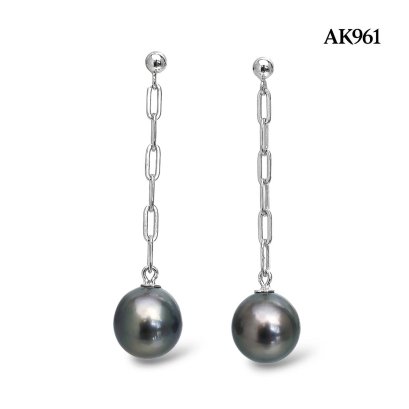 Approx. 10.0 mm, Tahitian Pearl, Dot Chain Dangle Pearl Stud Earrings