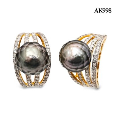 9.8 mm and 10.1 mm, Hanashinju, Tahitian Pearl, Four Stripes Diamond Paved Pearl Stud Earrings
