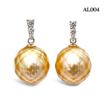 10.8 mm and 10.9 mm, Hanashinju, Gold South Sea Pearl, Diamond Row Dangle Pearl Stud Earrings