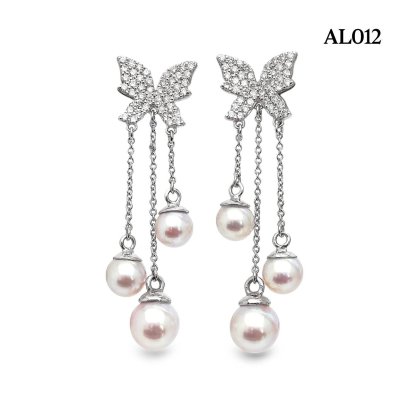 Approx. 5.0 - 6.0 mm up, Hanamomo, Akoya Pearl, Butterfly Diamond Paved Dangle Chain Triple Pearl Stud Earrings