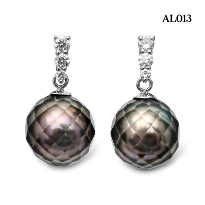 9.1 mm and 9.3 mm, Hanashinju, Tahitian Pearl, Three Stones Diamond Row Dangle Pearl Stud Earrings