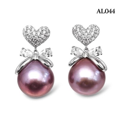 Approx. 12.0 - 13.0 mm up, Freshwater Pearl, Heart & Bow Dangle Pearl Stud Earrings