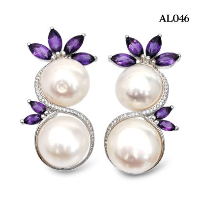 Approx. 13-14 mm and 14-15 mm, Freshwater Pearl, Spirit and Spiral Amethyst Stud Earrings