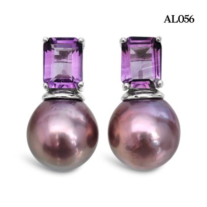 Approx. 12.0 mm, Freshwater Pearl, Petra Amethyst Pearl Stud Earrings