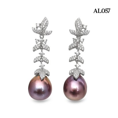 Approx. 11.0 mm, Freshwater Pearl, Leaves Dangle Pearl Stud Earrings