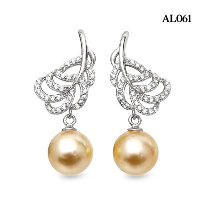 Approx. 8.0 mm, Gold South Sea Pearl, Plume Dangle Pearl Stud Earrings