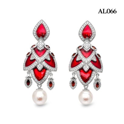 8.3 mm and 8.6 mm, Akoya Pearl, Red Armour Dangle Pearl Stud Earrings