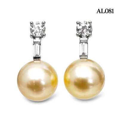 Approx. 10.0 mm, Gold South Sea Pearl, Art Deco Dangle Pearl Stud Earrings
