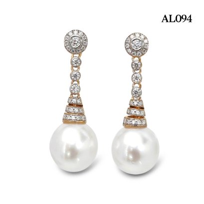 Approx. 10.0-11.0 mm, White South Sea Pearl, Moissanite Dot Halo Three Stones Dangle Cone Pearl Stud Earrings