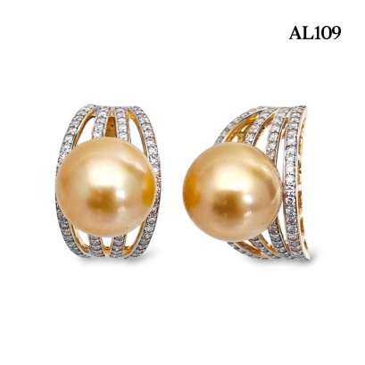 10.8 mm and 10.8 mm, Gold South Sea Pearl, Four Lines Diamond Pearl Stud Earrings