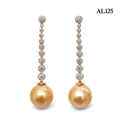 Approx. 12.0-13.0 mm, Gold South Sea Pearl, Diamond Row Icicle Dangle Pearl Stud Earrings