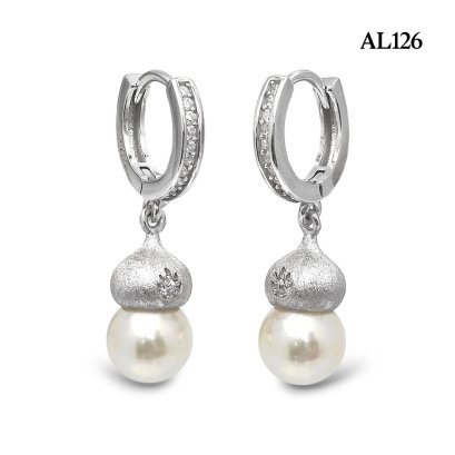 Approx. 7.0 mm, Moonlight, Akoya Pearl, Mini Hoops Earrings, Front Paved CZ, Dangle Pearl