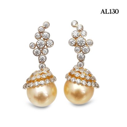 Approx. 12.0 mm, Gold South Sea Pearl, Cluster CZ Hive Dangle Pearl Stud Earrings