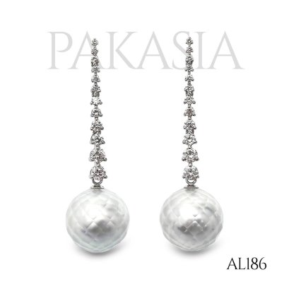 12.7 mm and 12.9 mm, Hanashinju, White South Sea Pearl, Diamond Row Icicle Dangle Pearl Stud Earrings