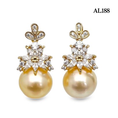Approx. 11.0 - 12.0 mm, Gold South Sea Pearl, Flower CZ Pearl Stud Earrings