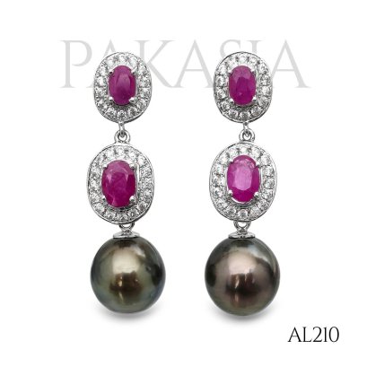 Approx. 11.0 mm, Tahitian Pearl, Double Ruby Halo Zircon Dangle Pearl Stud Earrings