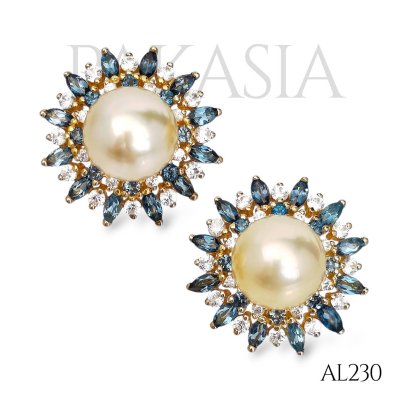 Approx. 10.0 mm, Gold South Sea Pearl, Pearl Halo London Blue Topaz and White Zircon Stud Earrings