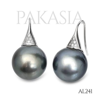 14.4 mm and 14.5 mm, Tahitian Pearl, Fish Hooks Earrings, Front CZ Paved