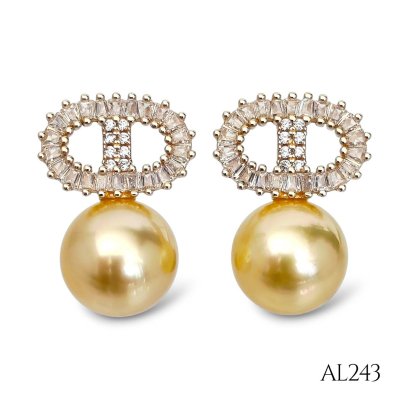 Approx. 10.0 -11.0 mm, Gold South Sea Pearl, CD CZ Paved Pearl Stud Earrings