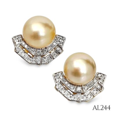 Approx. 10.0 mm up, Gold South Sea Pearl, Art Deco Pearl Stud Earrings
