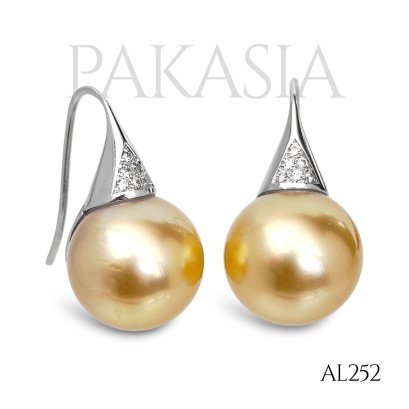 13.0 mm and 13.2 mm, Gold South Sea Pearl, Fish Hooks Pearl Earrings Front CZ Paved