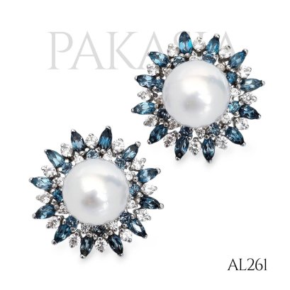 Approx. 10.0 mm, White South Sea Pearl, Solitaire Pearl Halo London Blue Topaz and White Zircon Stud Earrings