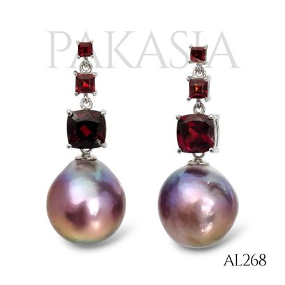 14.1 mm and 14.4 mm, Edison Pearl, Triple Garnet Dangle Pearl Stud Earrings