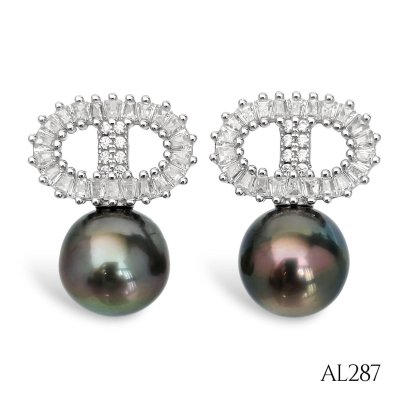 9.6 mm and 9.7 mm, Tahitian Pearl, CD CZ Pearl Stud Earrings