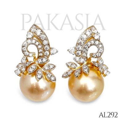 Approx. 11.0 - 12.0 mm, Gold South Sea Pearl, Leaves CZ Paved Pearl Stud Earrings