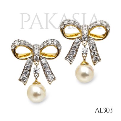 Approx. 7.0 mm, Moonlight, Akoya Pearl, Bow Dangle Pearl, Stud Earrings