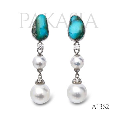 Approx. 6.0 mm and 9.0 mm, Akoya and White South Sea Pearl, Turquoise Dangle Pearl Stud Earrings