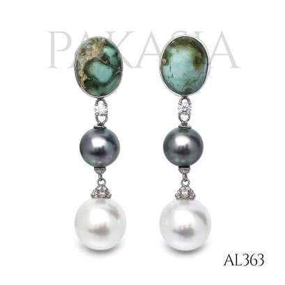 Approx. 9.0 mm and 11.0 mm, Tahitian and White South Sea Pearl, Turquoise Dangle Pearl Stud Earrings