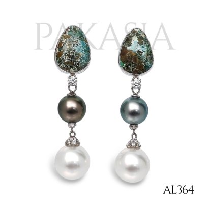 Approx. 8.0 mm and 10.0 mm, Tahitian and White South Sea Pearl, Turquoise Dangle Pearl Stud Earrings