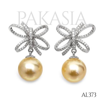 Approx. 12.0 mm, Gold South Sea Pearl, Bow Moissanite Paved Dangle Pearl Stud Earrings
