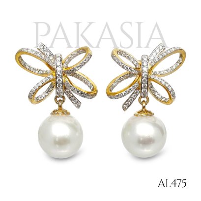 11.8 mm and 11.9 mm, White South Sea Pearl, Bow Moissanite Dangle Pearl Stud Earrings