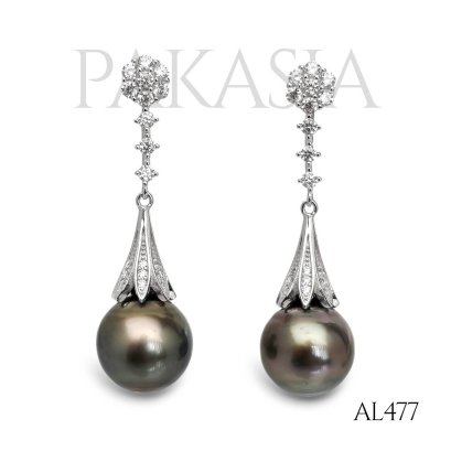Approx. 10.0 mm, Tahitian Pearl, Flower CZ Three Stones Cap Pearl Stud Earrings