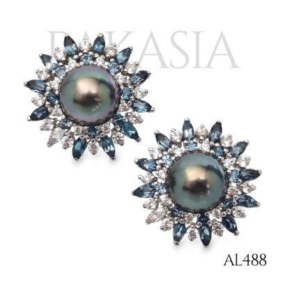 9.5 mm and 9.6 mm, Tahitian Pearl, Solitaire Pearl Halo London Blue Topaz and White Zircon Stud Earrings
