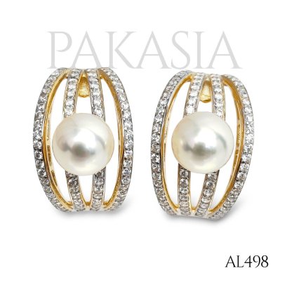 Approx. 7.0 mm up, Moonlight, Akoya Pearl, Four Stripes CZ Paved Pearl Stud Earrings