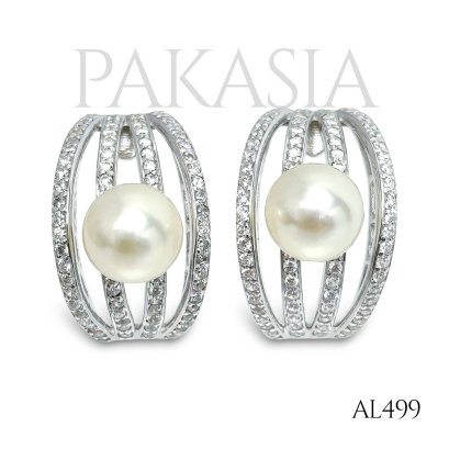 Approx. 7.0 mm up, Moonlight, Akoya Pearl, Four Stripes CZ Paved Pearl Stud Earrings