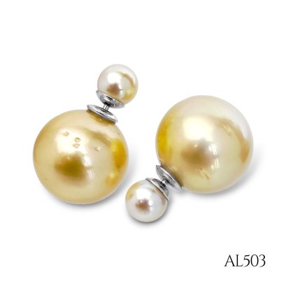 Approx. 5.0 mm and 12.0 mm, Akoya Pearl and Gold South Sea Pearl, Front Back Double Pearl Stud Earrings