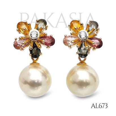 Approx. 9.0 mm up, Gold South Sea Pearl, Tourmaline & Zircon Flower Stud Earrings with Dangle Pearl Jacket