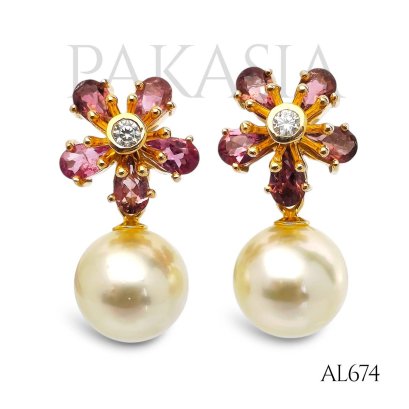 Approx. 9.0 mm, Gold South Sea Pearl, Tourmaline&Zircon Flower Stud Earrings with Dangle Pearl Jacket