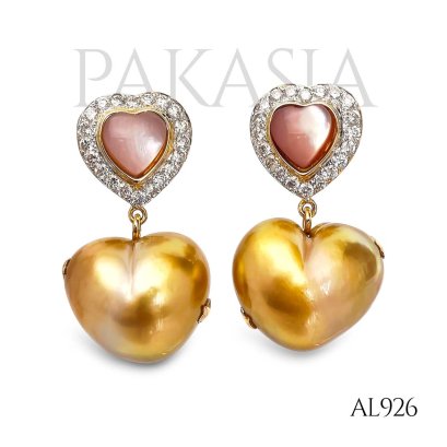 (GIA) 14.70x12.84x10.40 mm and 14.45x12.71x10.60 mm, Heart Shaped Pearl, Gold South Sea Pearl, Heart Stud Earrings Dangle Pearl
