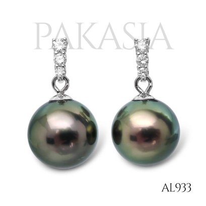 (PSL) 8.6 mm, Aurora Peacock Premium, Tahitian Pearl, Three Stones Diamond Dangle Pearl Stud Earrings