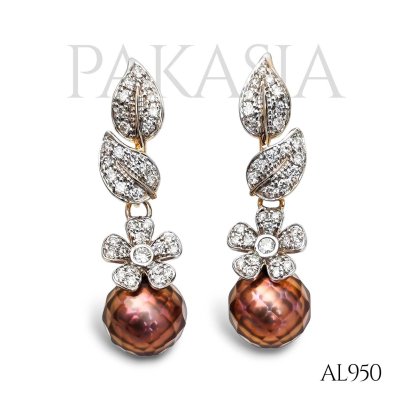 8.3 mm and 8.3 mm, Hanashinju, Selatan Sunburn II, Freshwater Pearl, Flower Diamond Paved Stud Earrings with Dangle Pearl Jacket
